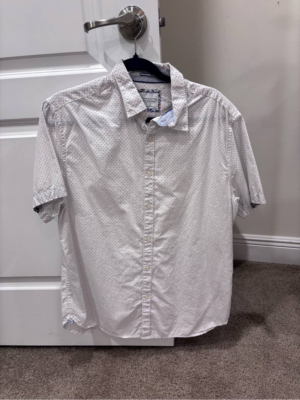 Denim & Flower White Short-Sleeve Button-Down with Micro Dot Print